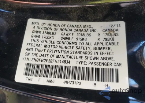 2015 Honda Civic Lx из США, поврежденный, VIN 2HGFB2F58FH514834